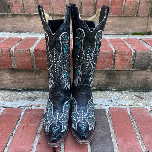Corral Vintage Leather Black & Teal Bedazzled Angel Wing and Cross Cowboy Boots - Picture 2 of 10
